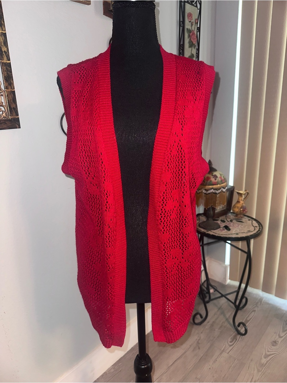Vintage 90s Improved Living Red Open-Front Knit Sleeveless Cardigan Sweater Vest
